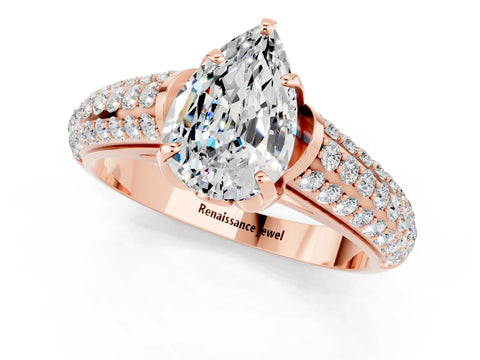 Rose gold Pear Cut Moissanite Solitaire Ring with Three-Row Pavé Band and Four-Prong Setting_13