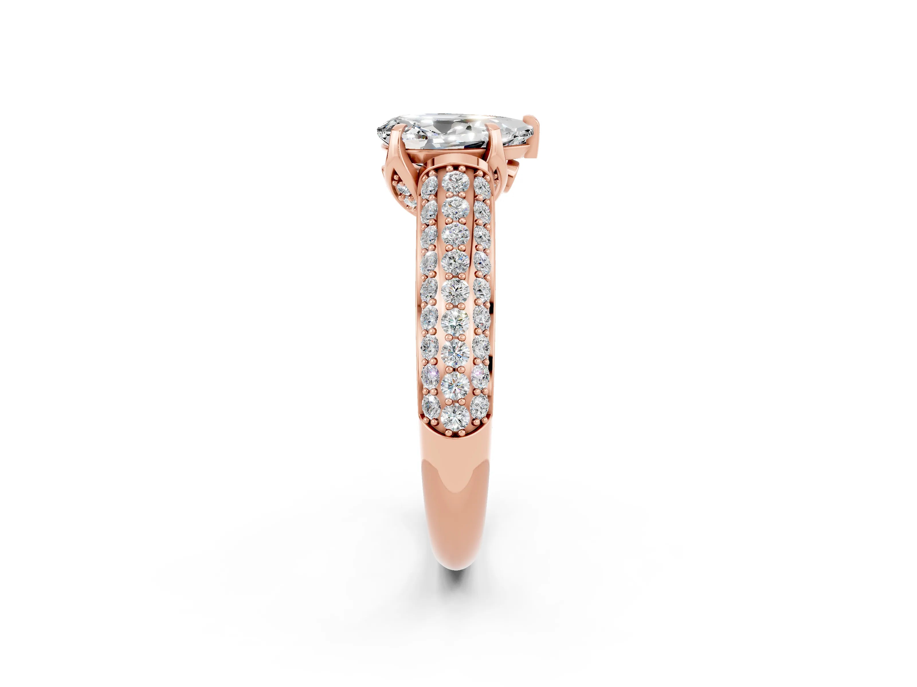 Rose gold Pear Cut Moissanite Solitaire Ring with Three-Row Pavé Band and Four-Prong Setting_14