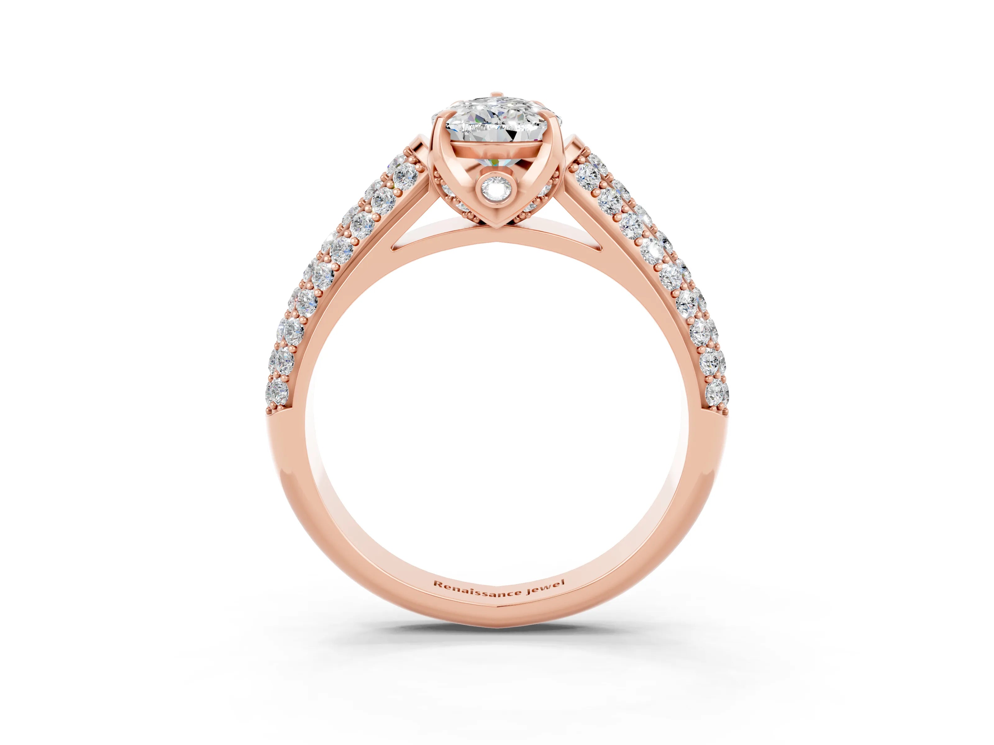 Rose gold Pear Cut Moissanite Solitaire Ring with Three-Row Pavé Band and Four-Prong Setting_15