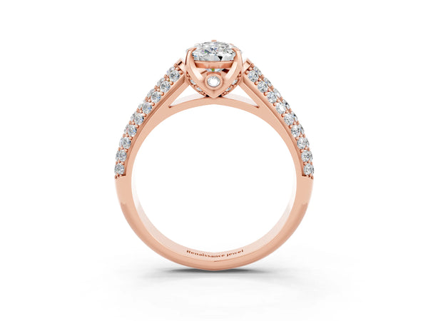 Rose gold Pear Cut Moissanite Solitaire Ring with Three-Row Pavé Band and Four-Prong Setting