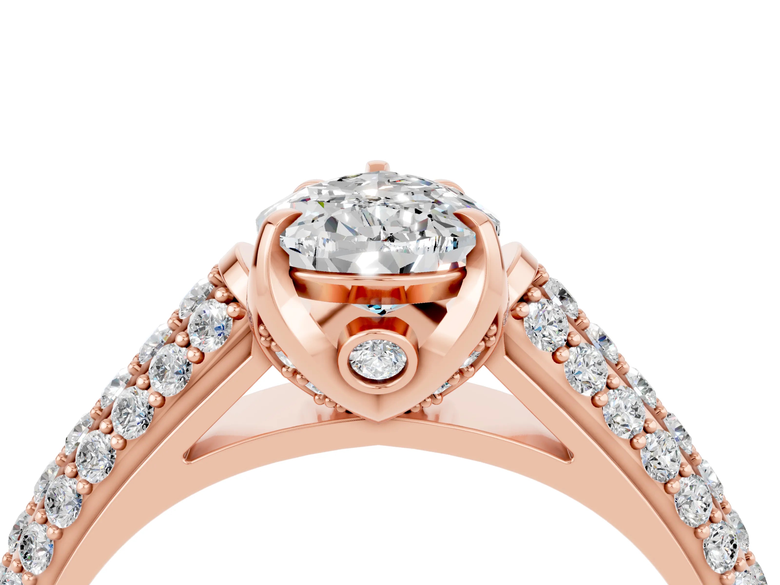 Rose gold Pear Cut Moissanite Solitaire Ring with Three-Row Pavé Band and Four-Prong Setting_16