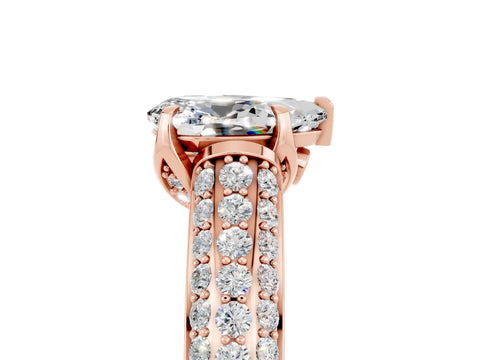 Rose gold Pear Cut Moissanite Solitaire Ring with Three-Row Pavé Band and Four-Prong Setting_17