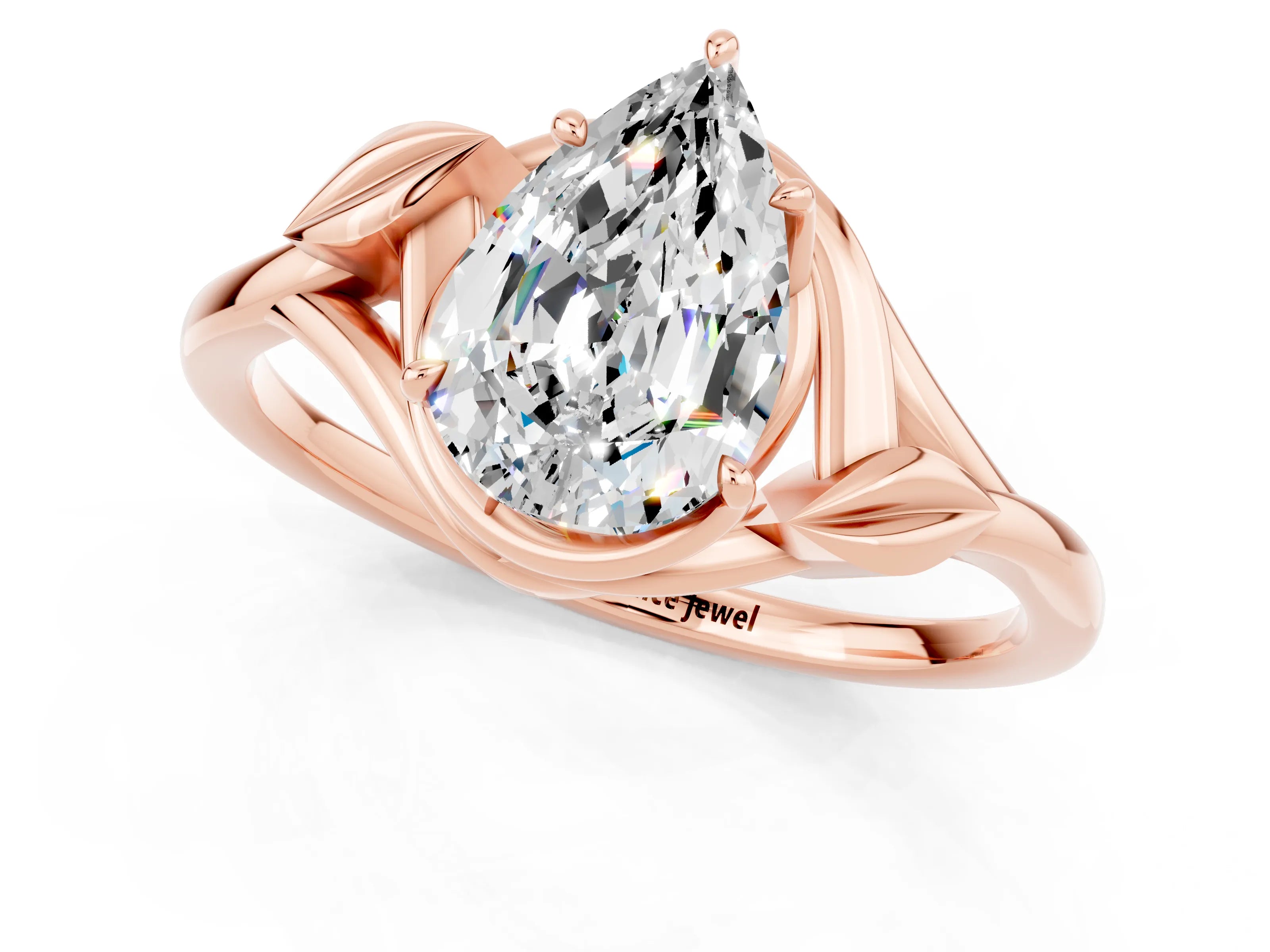 Rose gold Pear Cut Moissanite Solitaire Ring with Twist Band and Four-Prong Setting_25