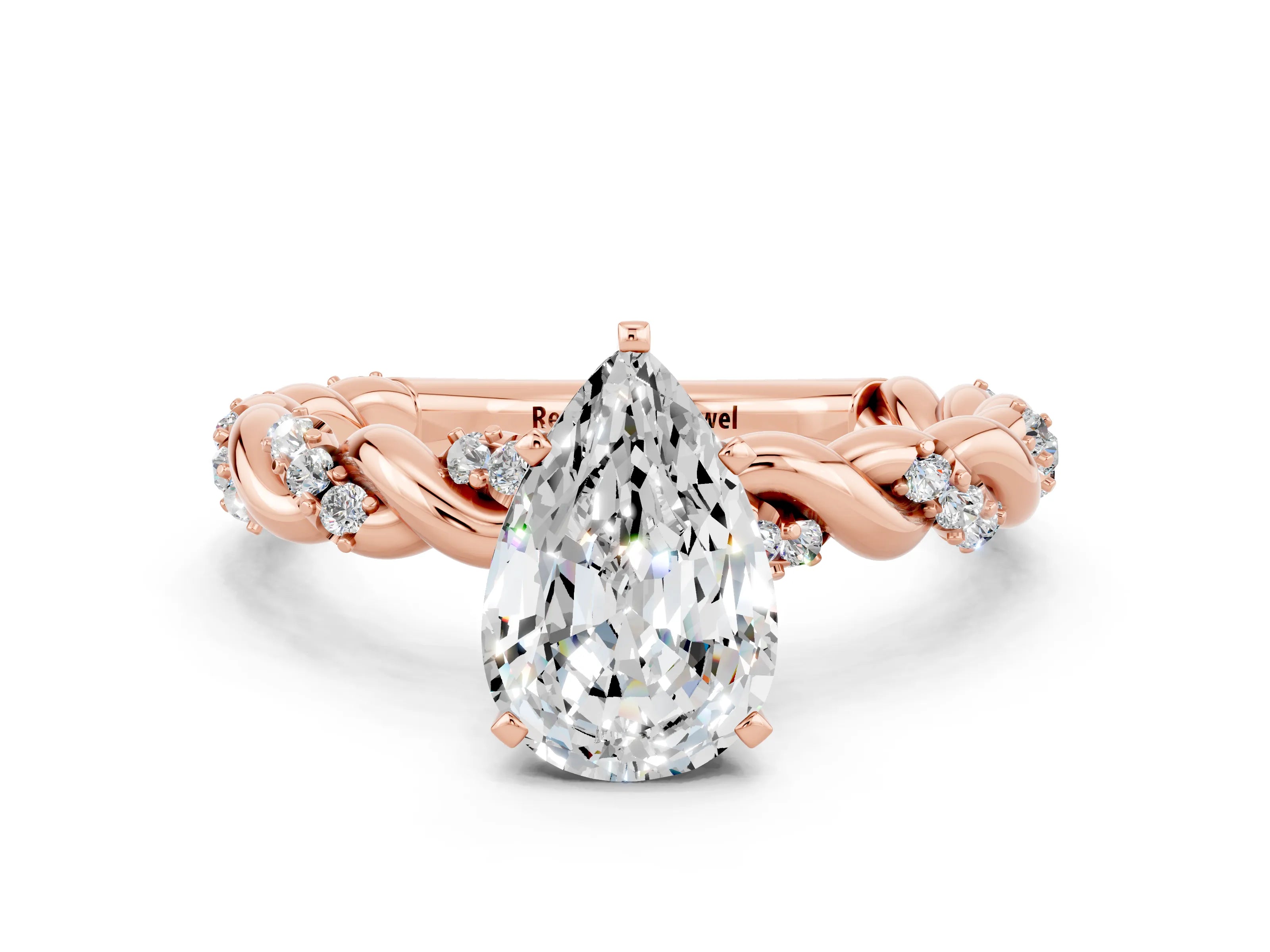 Rose gold Pear Cut Moissanite Solitaire Ring with Twisted Band and Pavé Accents