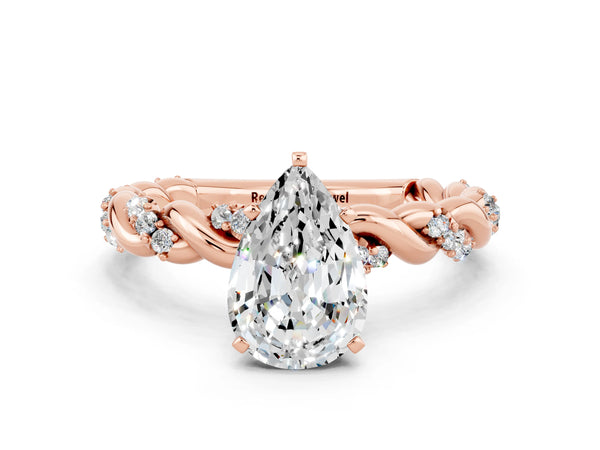 Rose gold Pear Cut Moissanite Solitaire Ring with Twisted Band and Pavé Accents