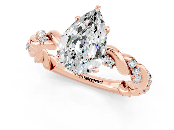 Rose gold Pear Cut Moissanite Solitaire Ring with Twisted Band and Pavé Accents