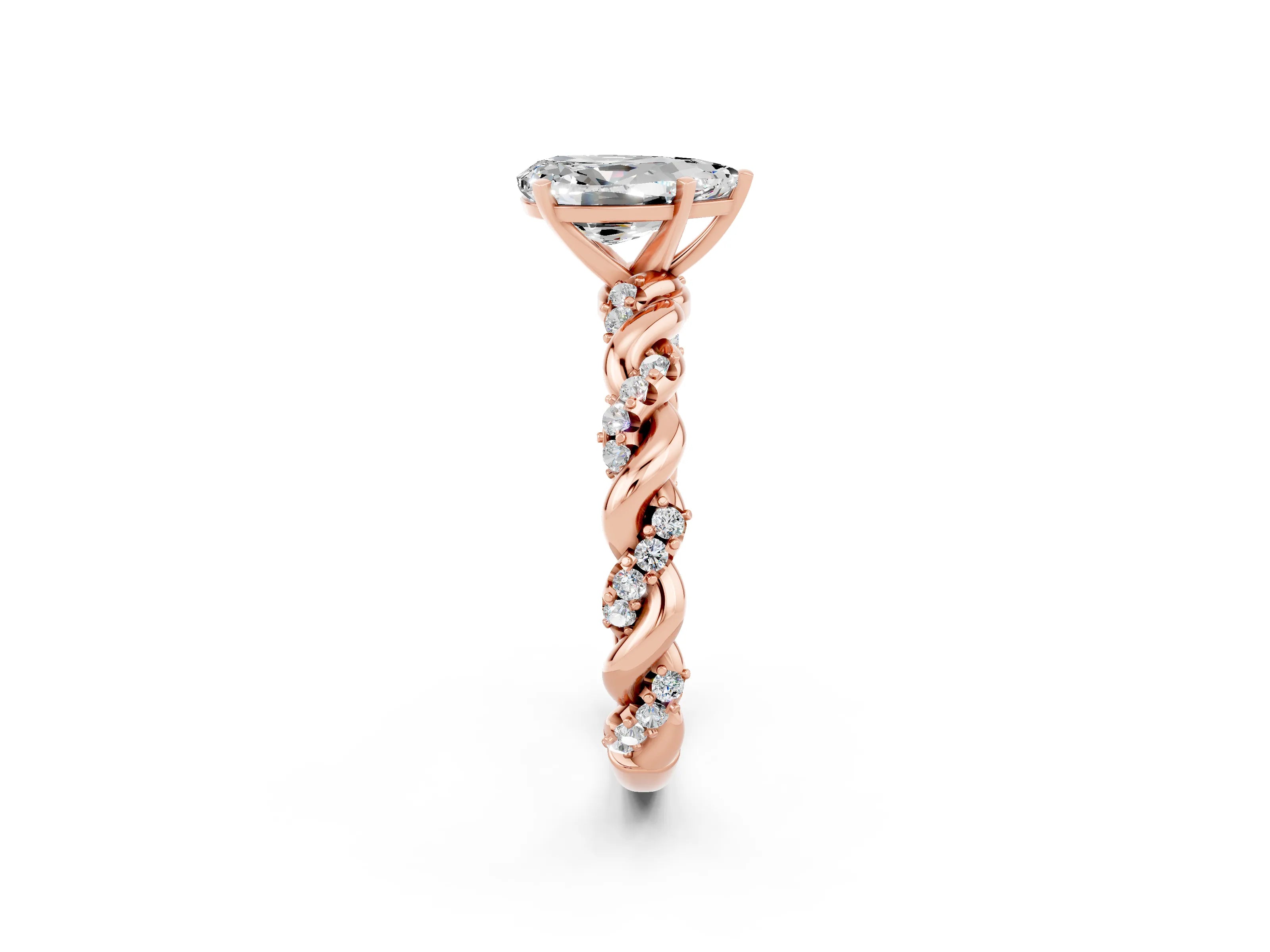 Rose gold Pear Cut Moissanite Solitaire Ring with Twisted Band and Pavé Accents_2