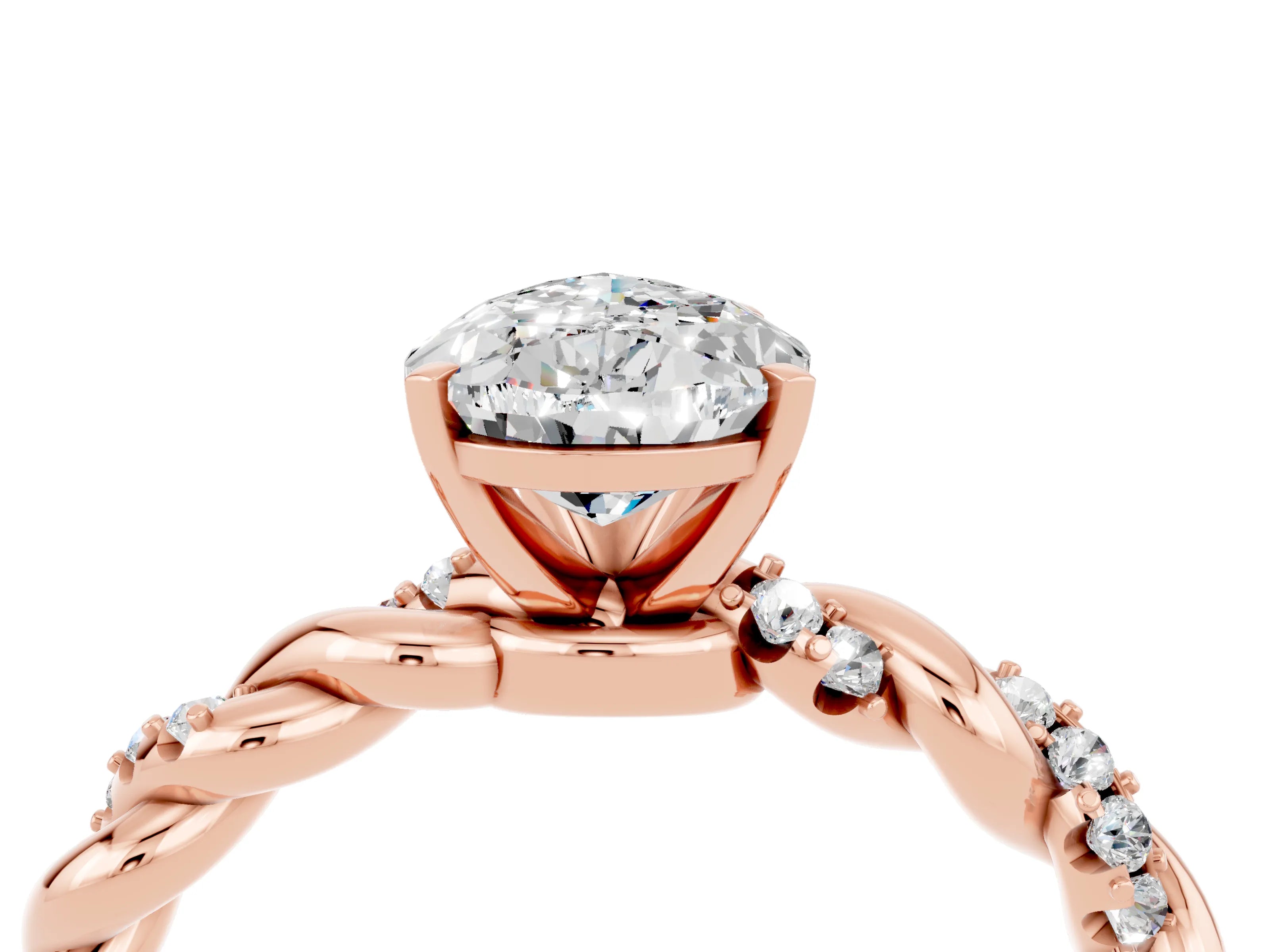 Rose gold Pear Cut Moissanite Solitaire Ring with Twisted Band and Pavé Accents_4