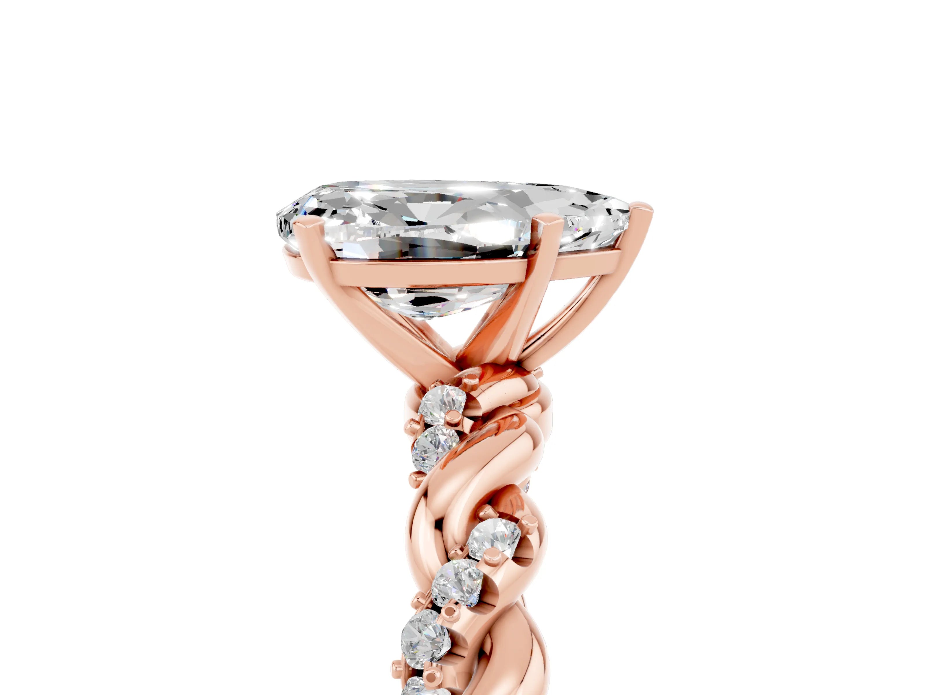 Rose gold Pear Cut Moissanite Solitaire Ring with Twisted Band and Pavé Accents_5