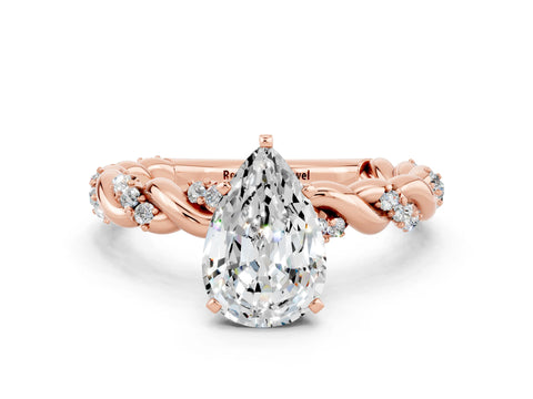 Rose gold Pear Cut Moissanite Solitaire Ring with Twisted Band and Pavé Accents