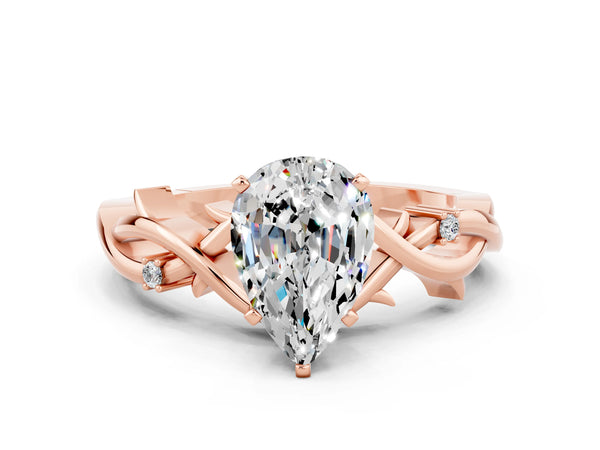 Rose gold Pear Cut Moissanite Solitaire Ring with Twisted Band and Prong Setting
