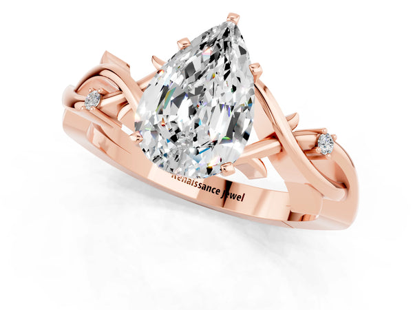 Rose gold Pear Cut Moissanite Solitaire Ring with Twisted Band and Prong Setting
