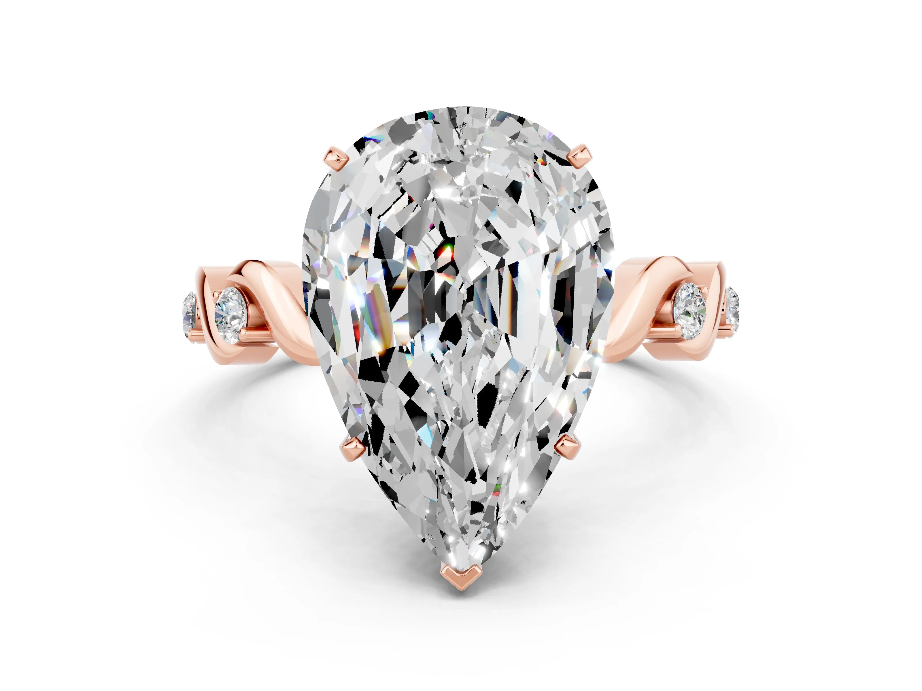 Rose gold Pear Cut Moissanite Solitaire Twisted Band with Round  Accents and Prong Setting_36