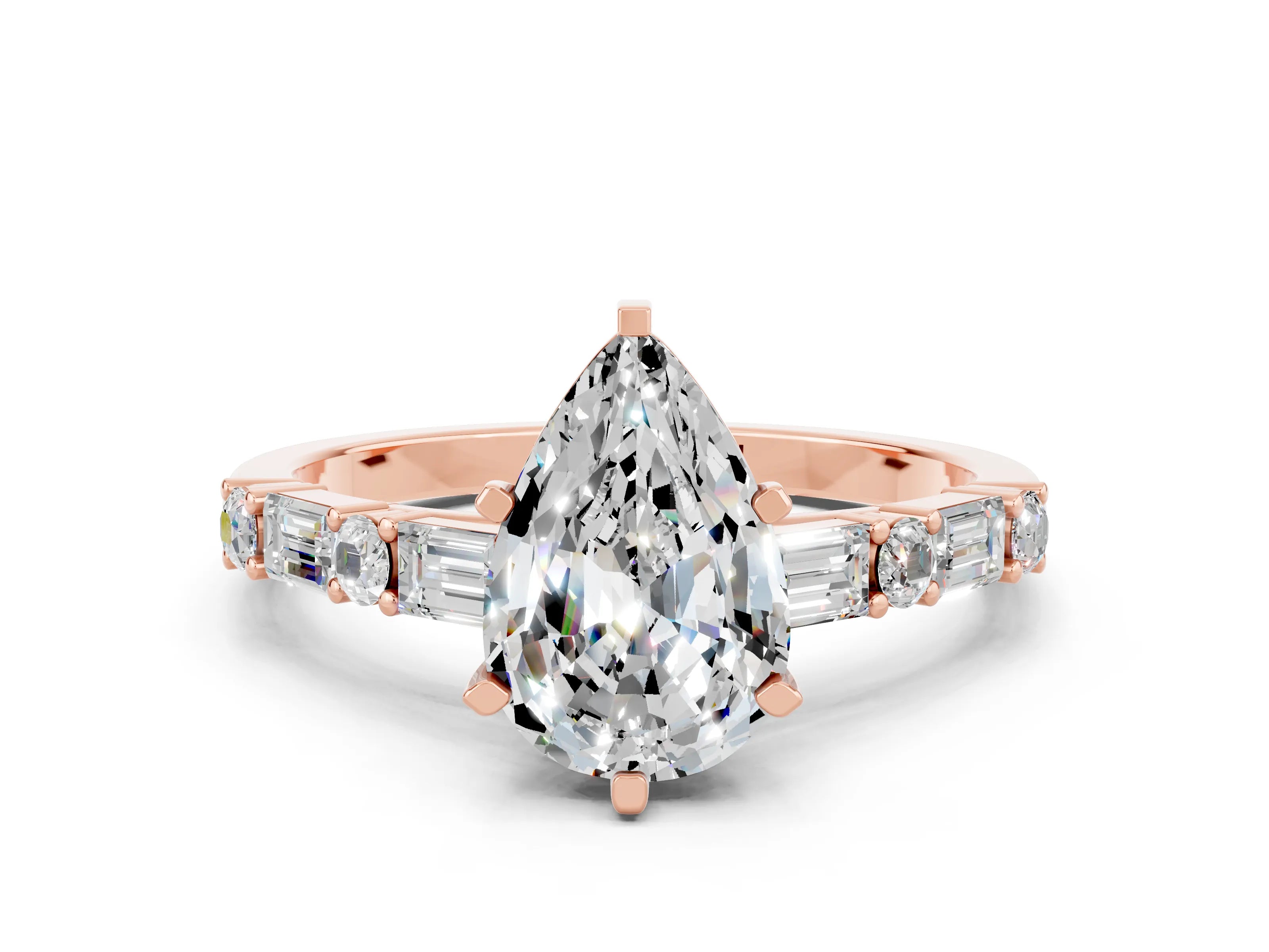 Rose gold Pear Cut Moissanite Solitaire with Side Baguettes and Channel Set Band