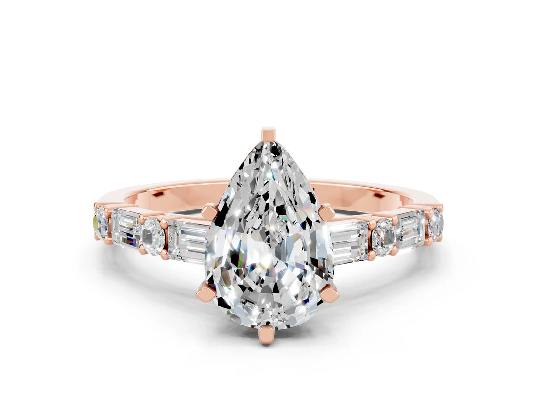 Rose gold Pear Cut Moissanite Solitaire with Side Baguettes and Channel Set Band