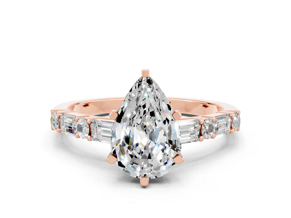 Rose gold Pear Cut Moissanite Solitaire with Side Baguettes and Channel Set Band