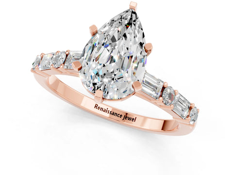 Rose gold Pear Cut Moissanite Solitaire with Side Baguettes and Channel Set Band_1