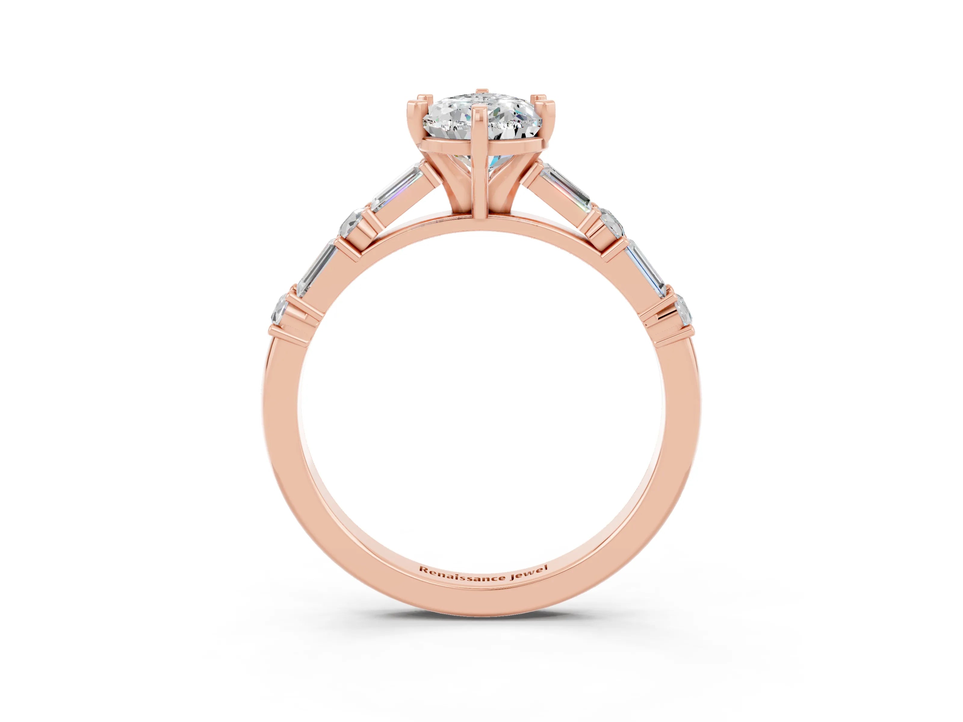Rose gold Pear Cut Moissanite Solitaire with Side Baguettes and Channel Set Band_3