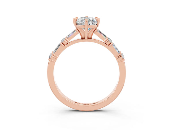 Rose gold Pear Cut Moissanite Solitaire with Side Baguettes and Channel Set Band