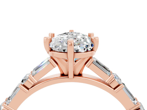 Rose gold Pear Cut Moissanite Solitaire with Side Baguettes and Channel Set Band_4