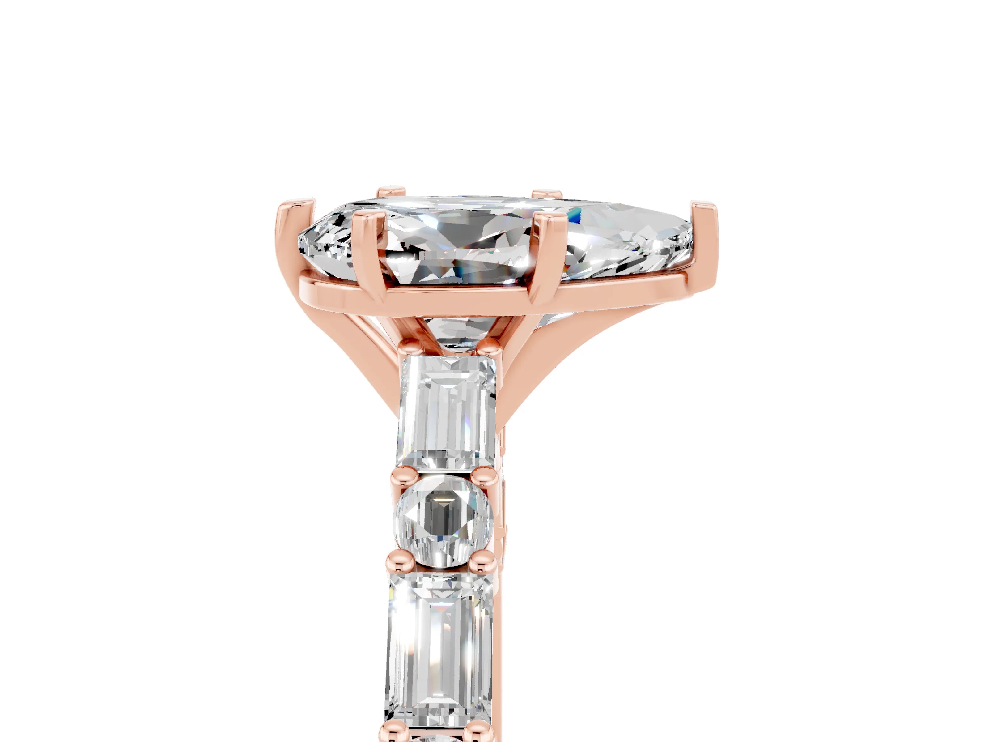 Rose gold Pear Cut Moissanite Solitaire with Side Baguettes and Channel Set Band_5