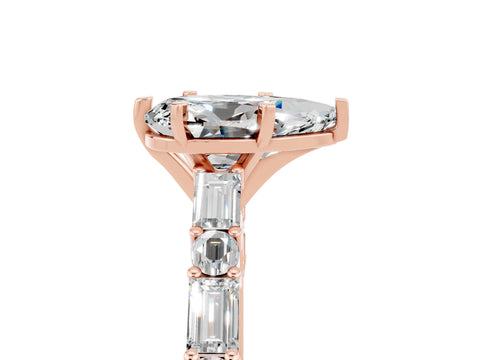 Rose gold Pear Cut Moissanite Solitaire with Side Baguettes and Channel Set Band_5