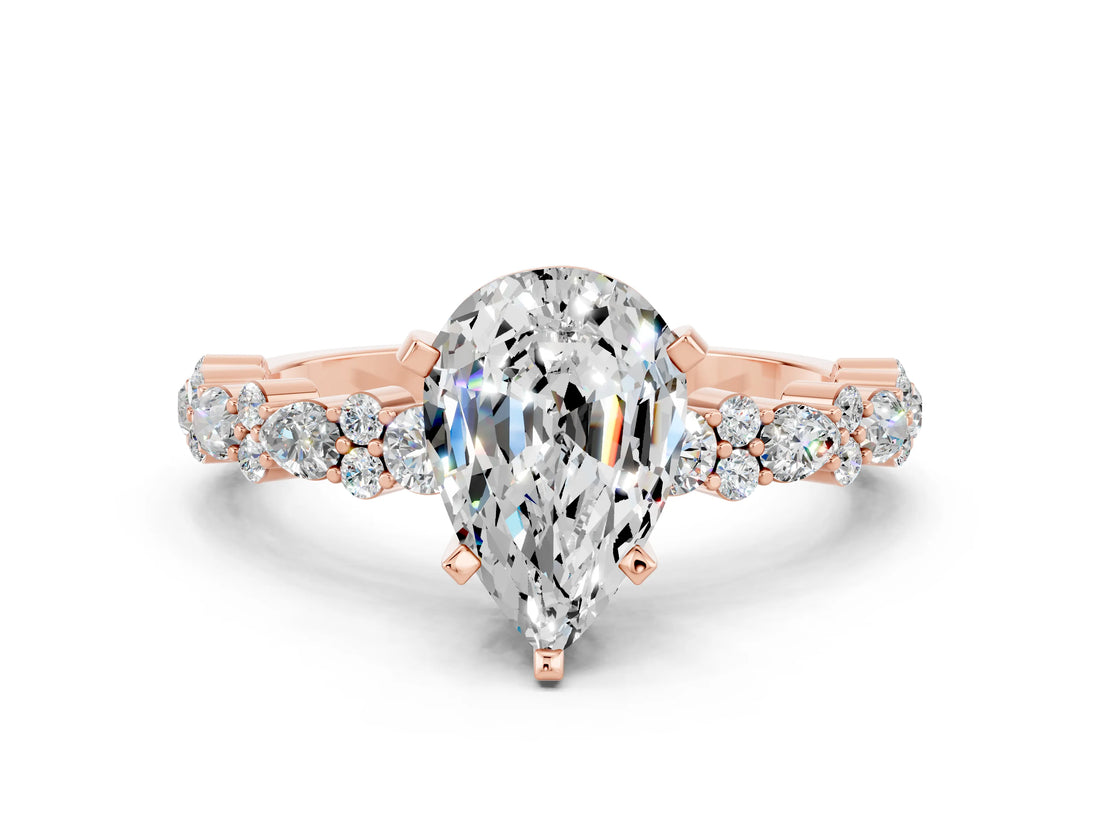 Rose gold Pear Cut Moissanite Solitaire with Side Stones, Pave Band, Four-Prong Setting_24