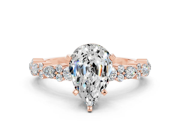 Rose gold Pear Cut Moissanite Side Stone Solitaire Ring with Round  and Four-Prong Setting