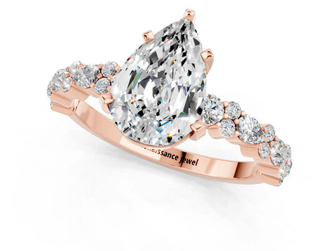 Rose gold Pear Cut Moissanite Solitaire with Side Stones, Pave Band, Four-Prong Setting_25