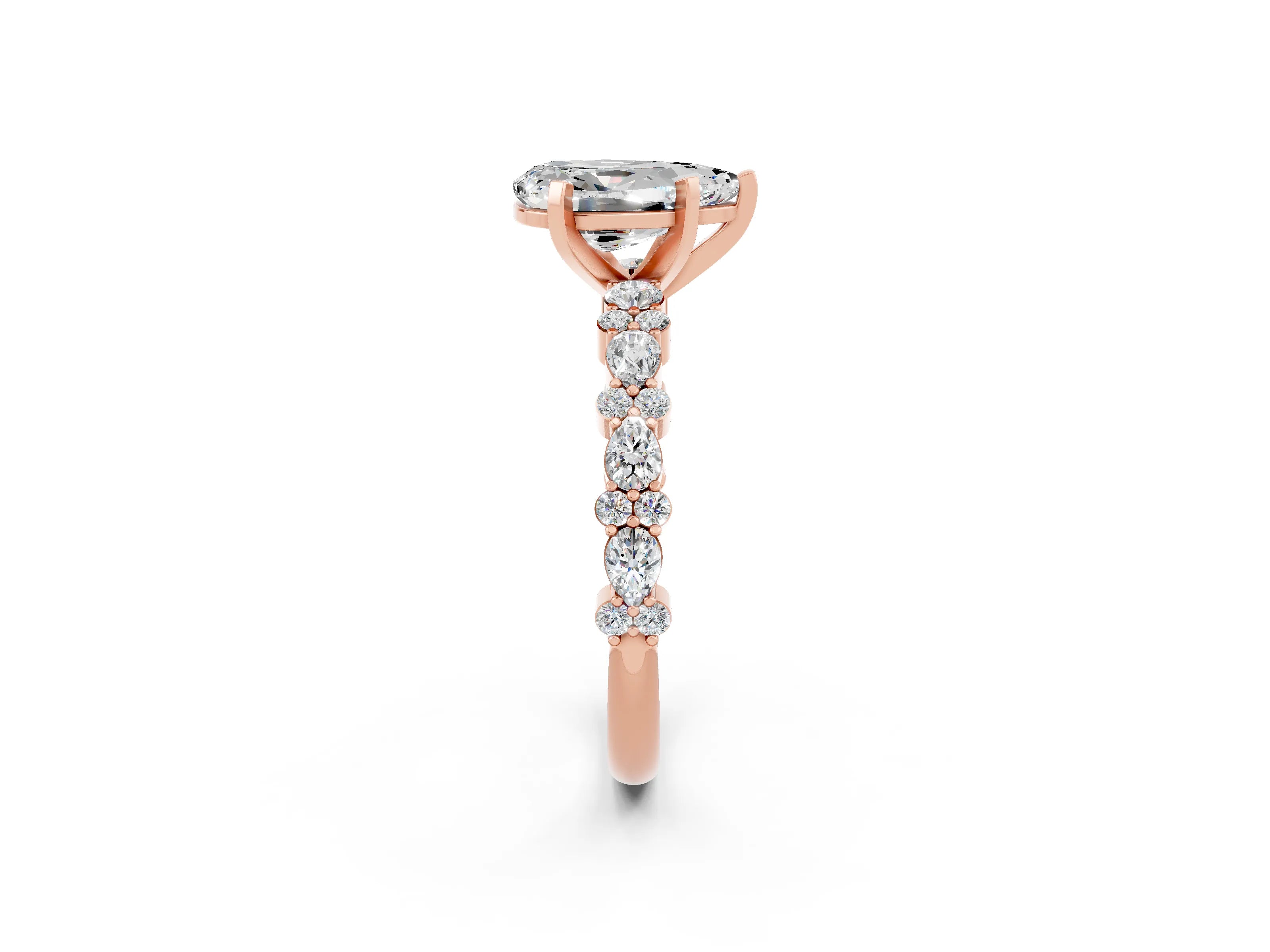 Rose gold Pear Cut Moissanite Solitaire with Side Stones, Pave Band, Four-Prong Setting_26