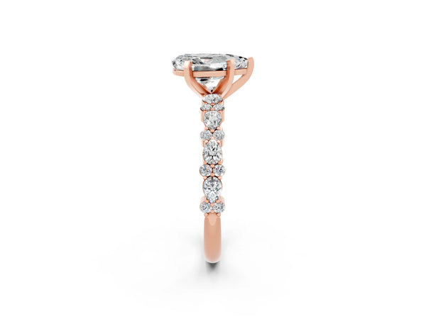Rose gold Pear Cut Moissanite Side Stone Solitaire Ring with Round  and Four-Prong Setting