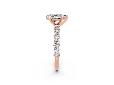 Rose gold Pear Cut Moissanite Solitaire with Side Stones, Pave Band, Four-Prong Setting_26