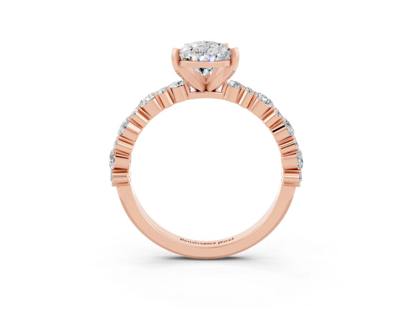 Rose gold Pear Cut Moissanite Side Stone Solitaire Ring with Round  and Four-Prong Setting