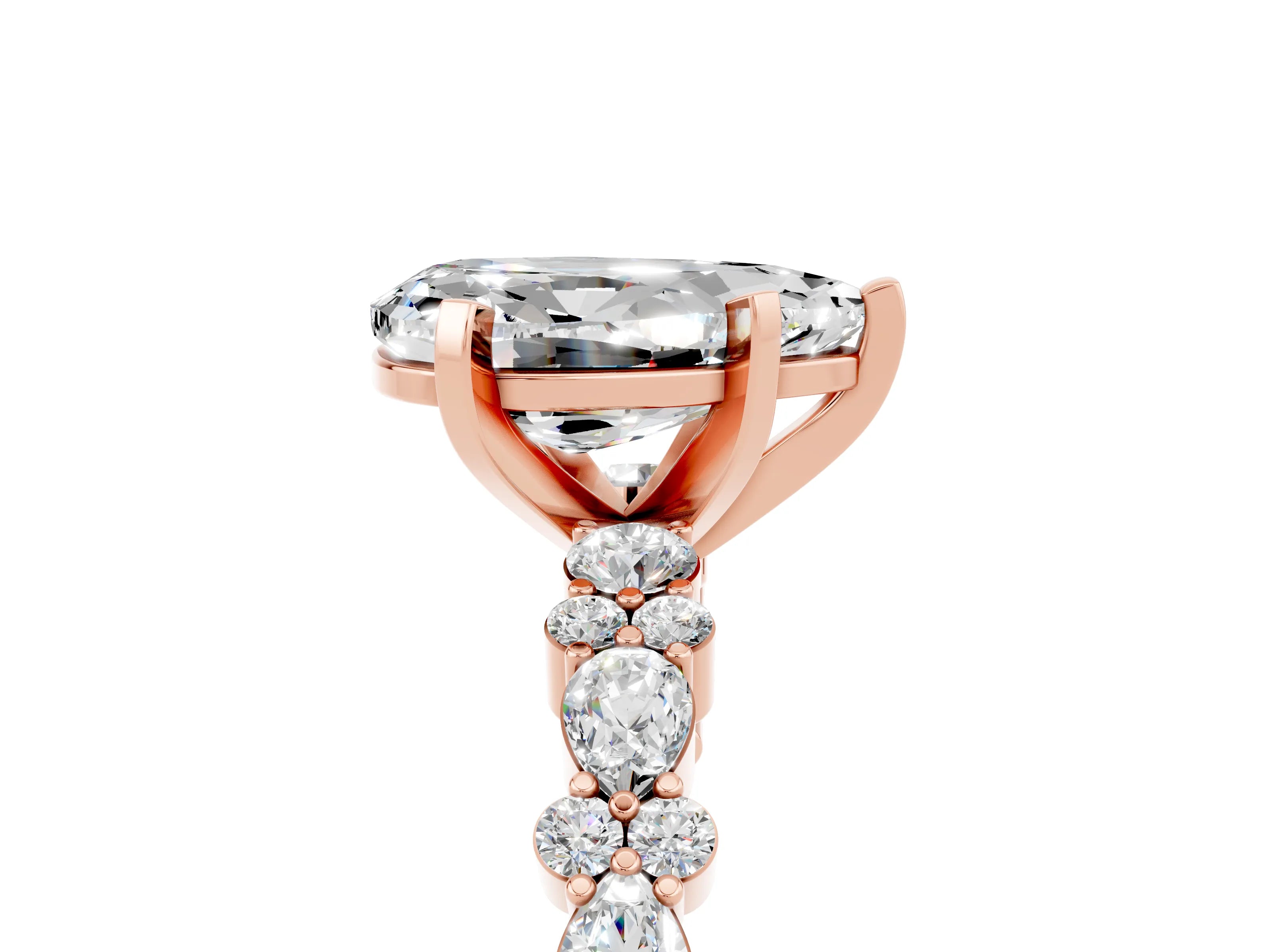 Rose gold Pear Cut Moissanite Solitaire with Side Stones, Pave Band, Four-Prong Setting_29