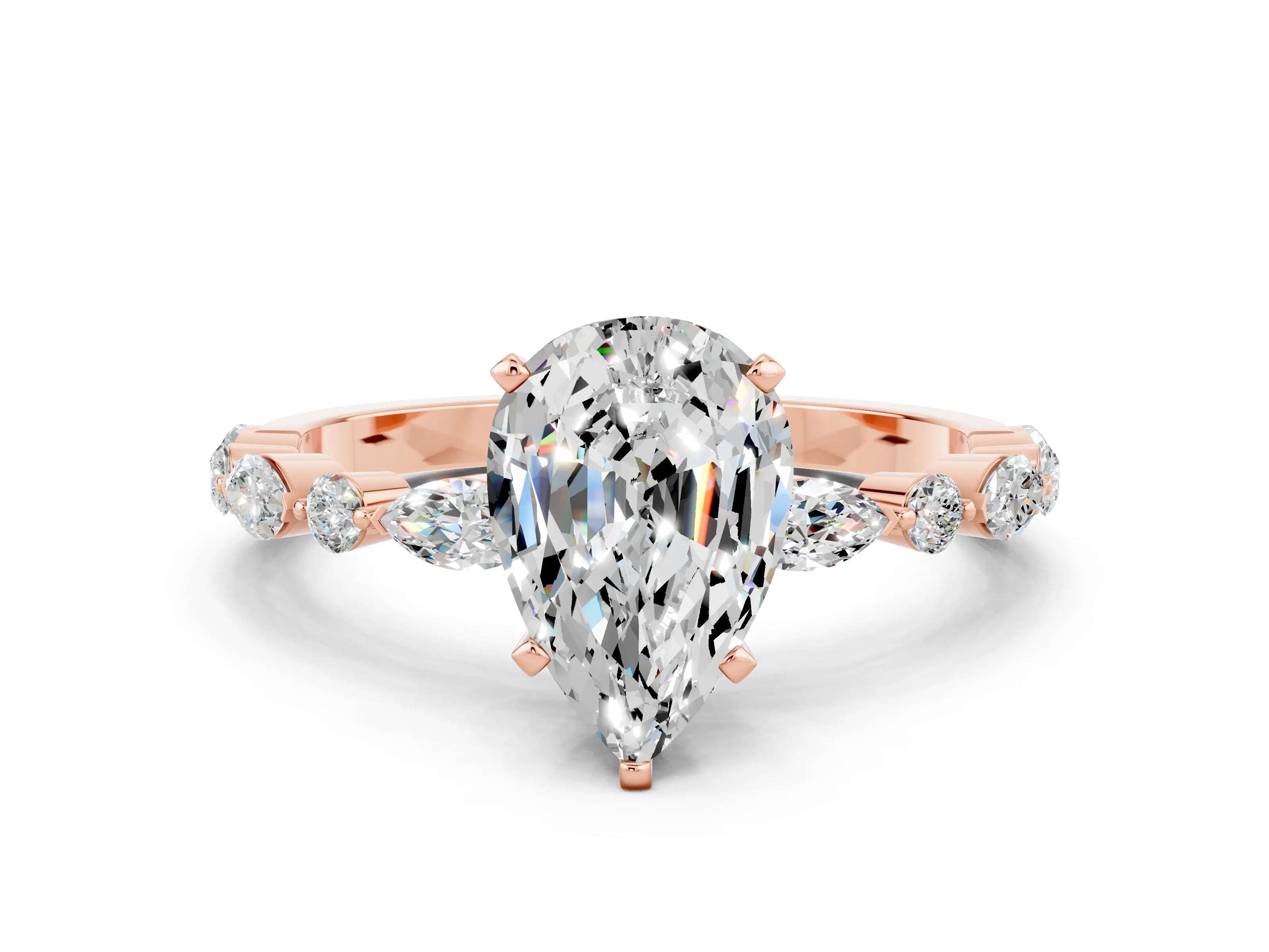 Rose gold Pear Cut Moissanite Solitaire with Side Stones on a Pavé Band and Four-Prong Setting