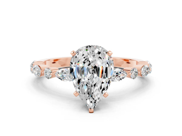 Rose gold Pear Cut Moissanite Ring with Marquise and Round  Side Stones and Four-Prong Setting