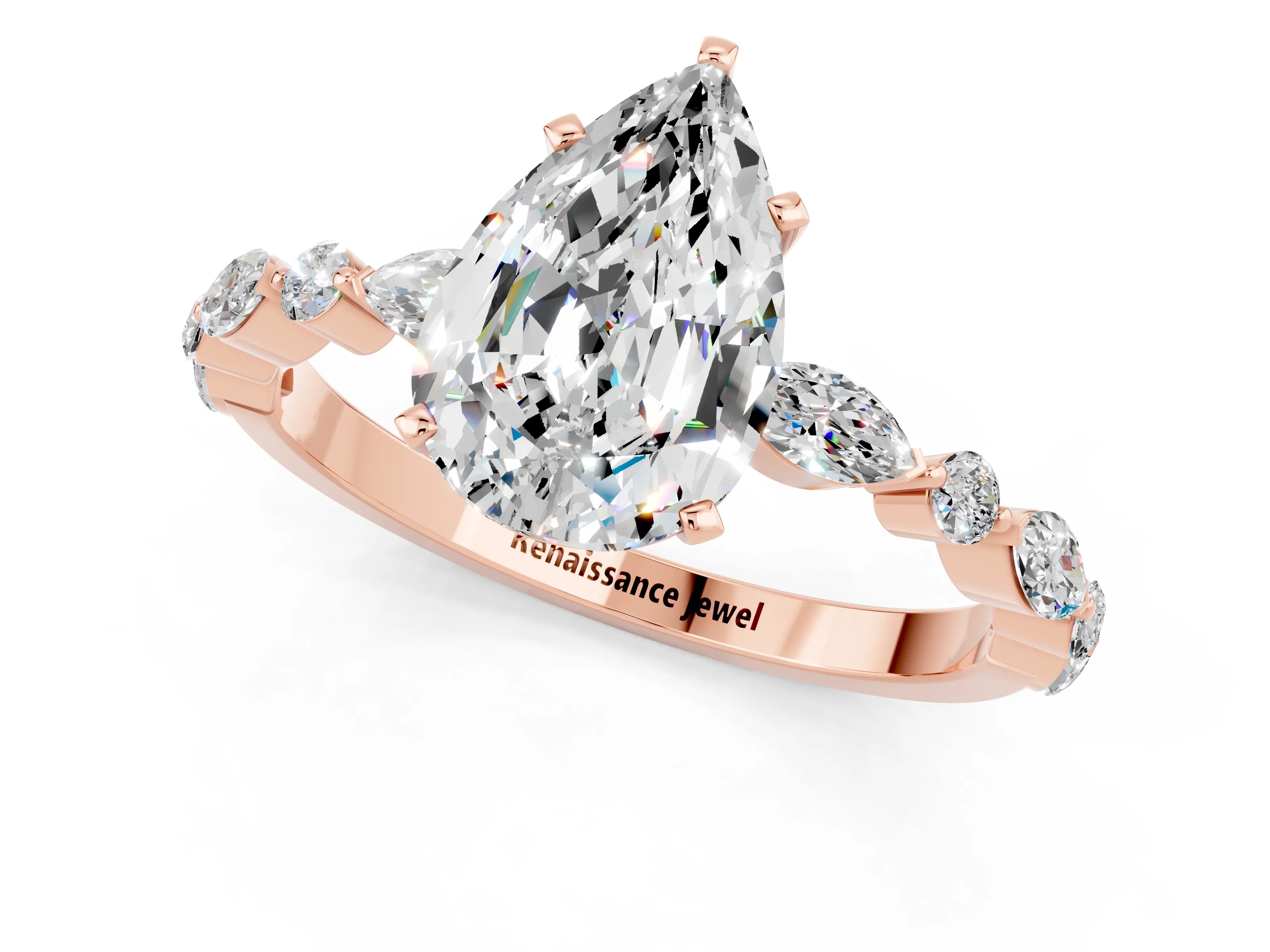 Rose gold Pear Cut Moissanite Solitaire with Side Stones on a Pavé Band and Four-Prong Setting_1