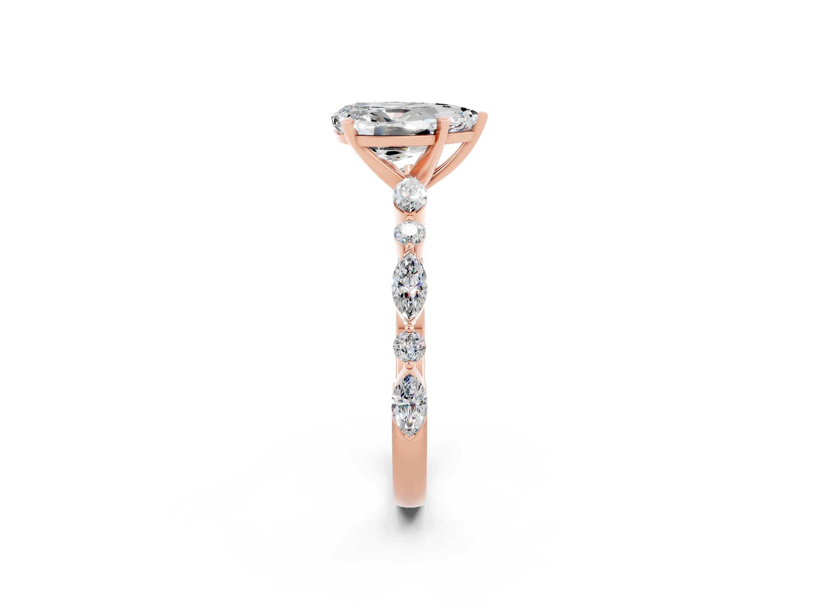 Rose gold Pear Cut Moissanite Solitaire with Side Stones on a Pavé Band and Four-Prong Setting_2