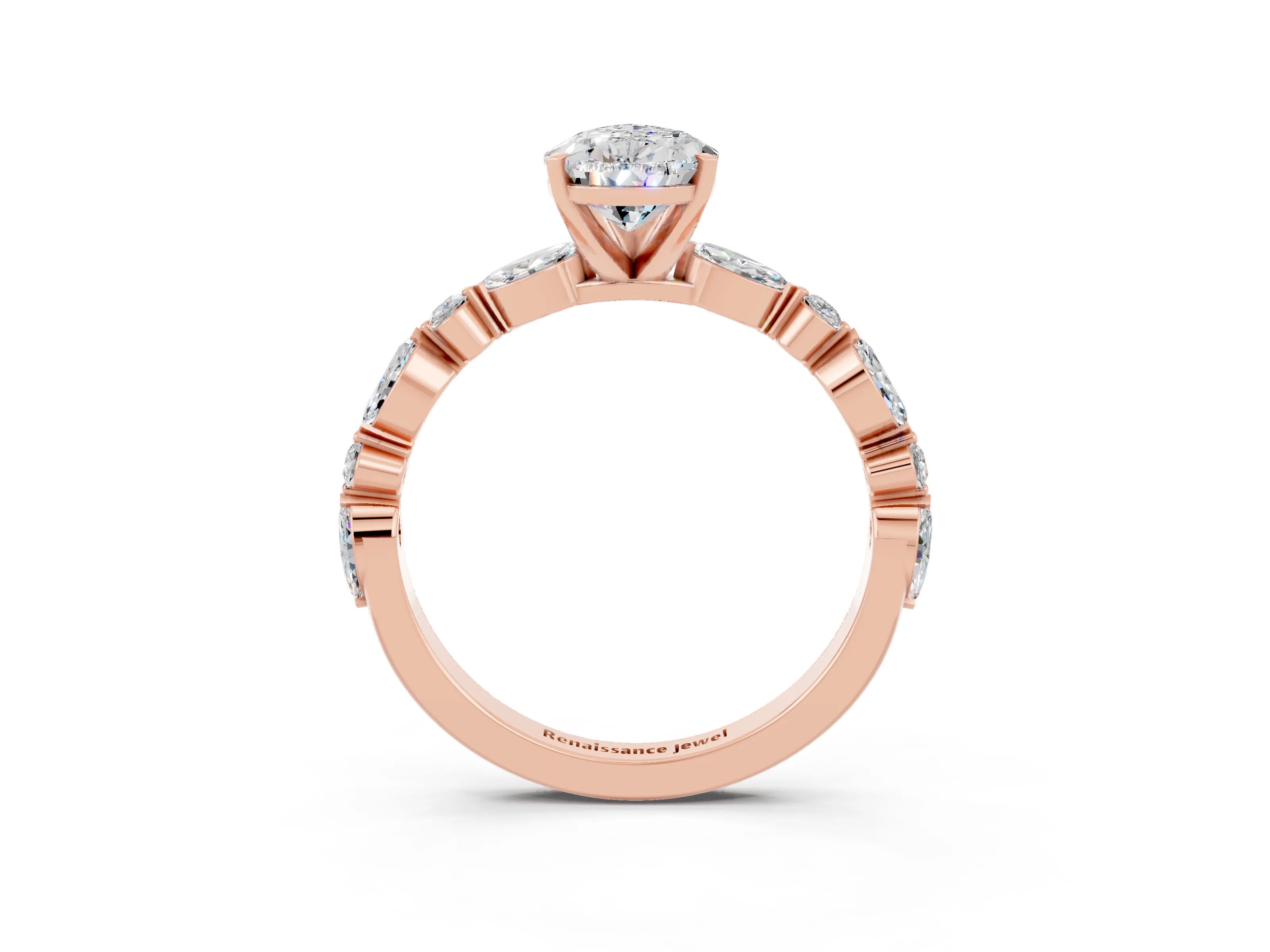 Rose gold Pear Cut Moissanite Solitaire with Side Stones on a Pavé Band and Four-Prong Setting_3