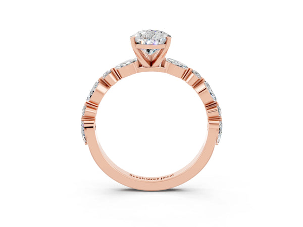 Rose gold Pear Cut Moissanite Ring with Marquise and Round  Side Stones and Four-Prong Setting