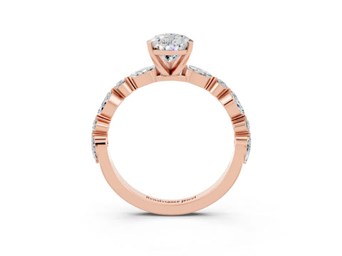 Rose gold Pear Cut Moissanite Solitaire with Side Stones on a Pavé Band and Four-Prong Setting_3