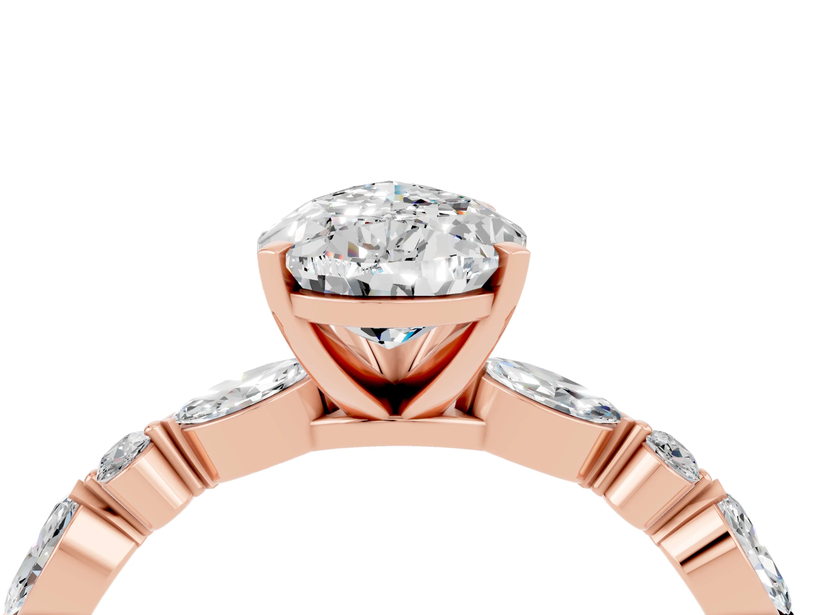 Rose gold Pear Cut Moissanite Solitaire with Side Stones on a Pavé Band and Four-Prong Setting_4