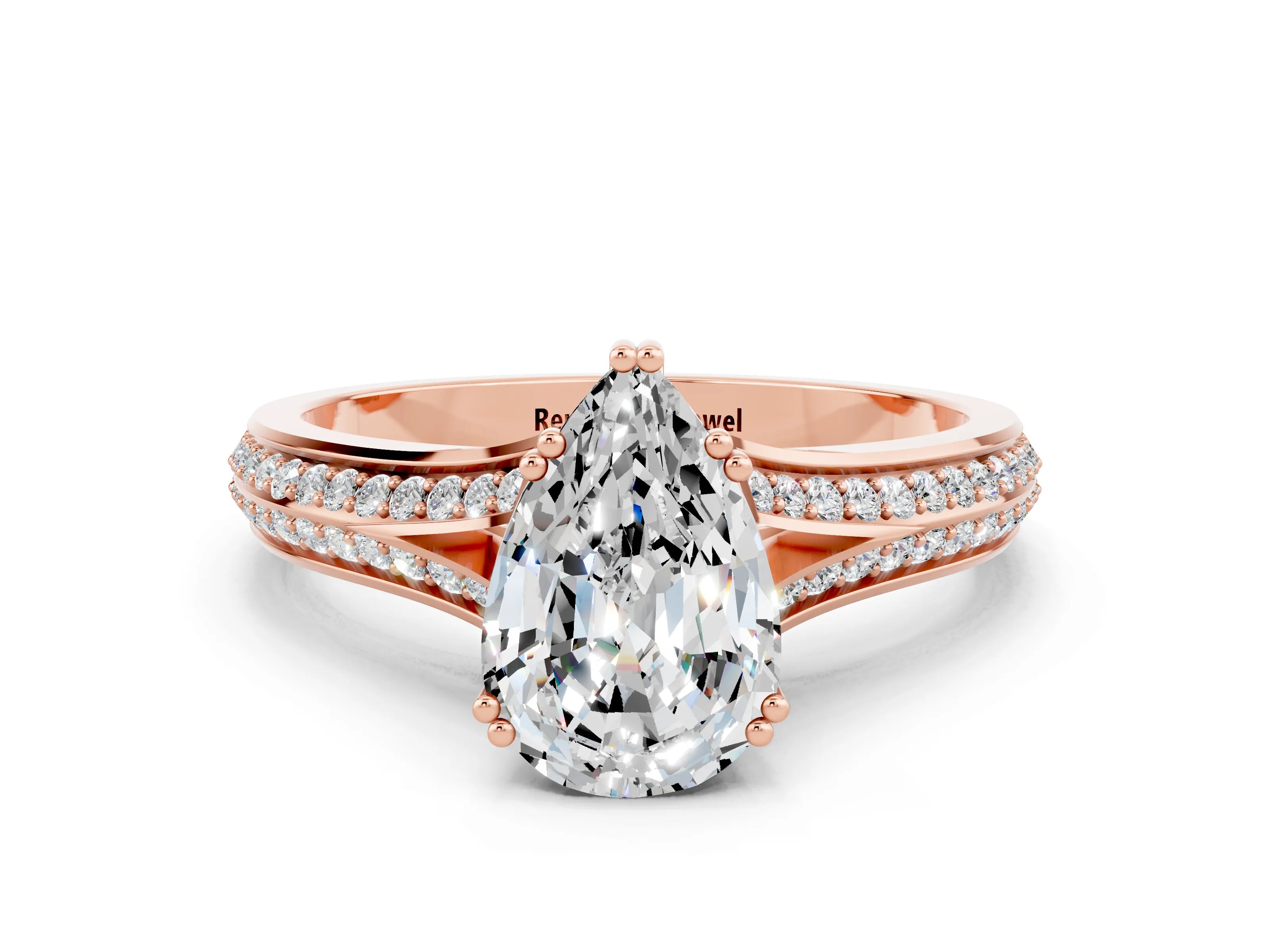 Rose gold Pear Cut Moissanite Split Shank Engagement Ring with Pavé Band