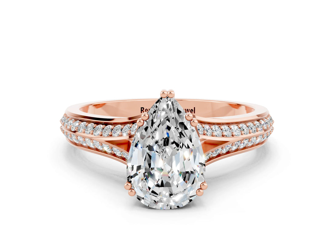Rose gold Pear Cut Moissanite Split Shank Engagement Ring with Pavé Band