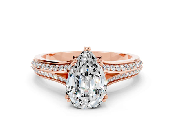 Rose gold Pear Cut Moissanite Split Shank Engagement Ring with Pavé Band