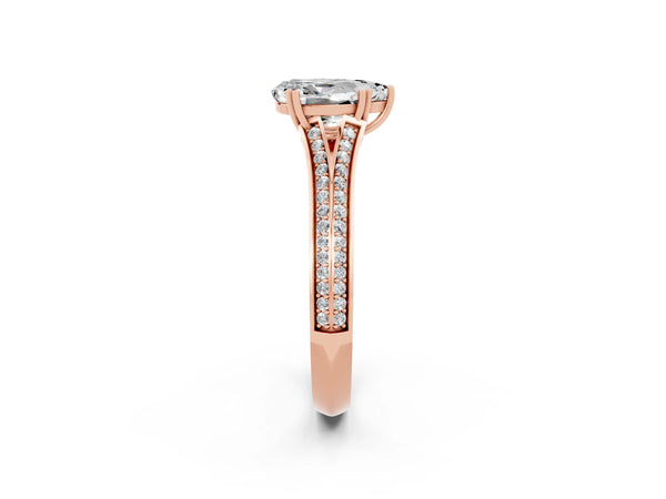 Rose gold Pear Cut Moissanite Split Shank Engagement Ring with Pavé Band