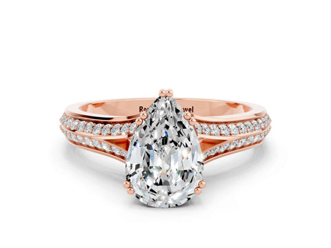 Rose gold Pear Cut Moissanite Split Shank Engagement Ring with Pavé Band