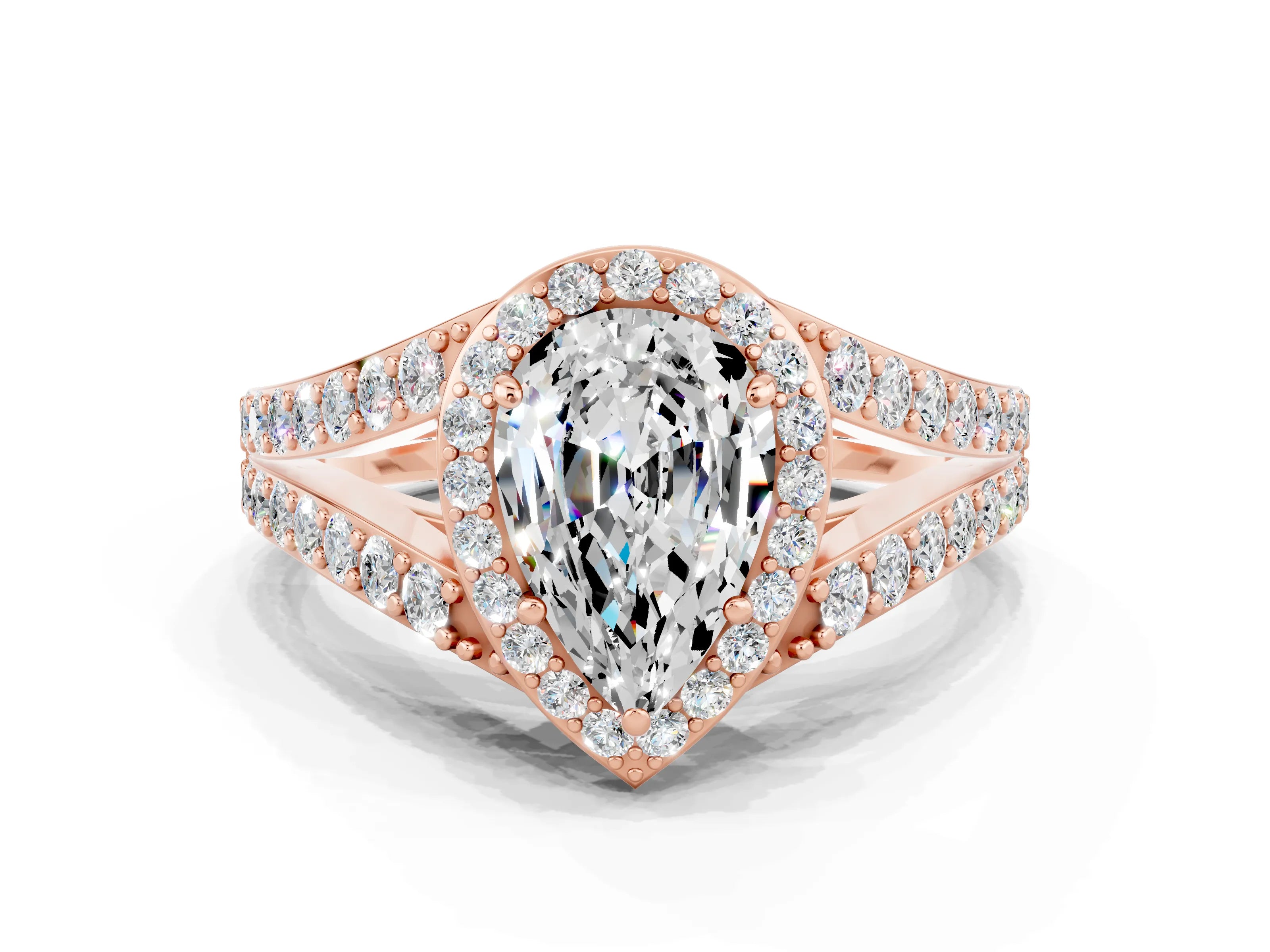 Rose gold Pear Cut Moissanite Split Shank Halo Ring with Four-Prong Setting_12