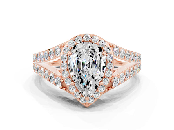 Rose gold Pear Cut Moissanite Split Shank Halo Ring with Four-Prong Setting