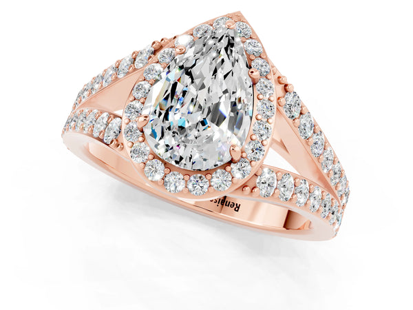 Rose gold Pear Cut Moissanite Split Shank Halo Ring with Four-Prong Setting
